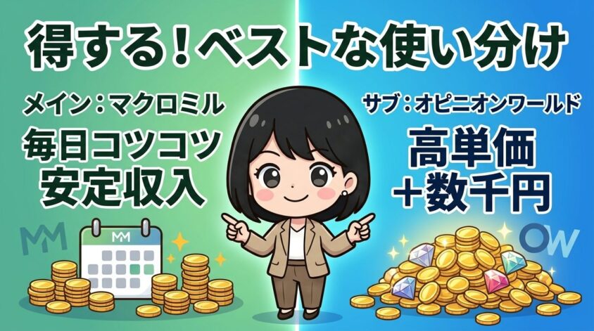 マクロミルをメインに、オピニオンワールドをサブで使う