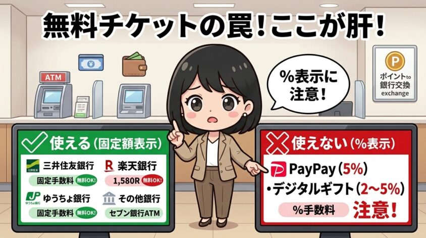 使える交換先(固定額表示)/使えない交換先(%表示)