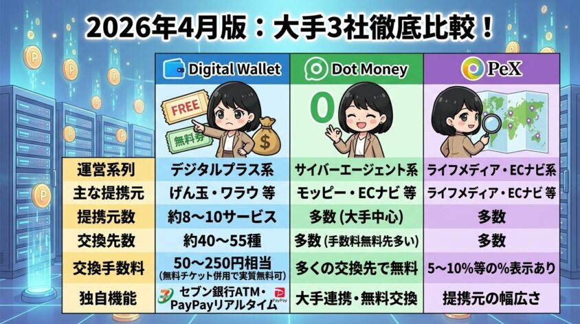 3社の比較表(提携元・交換先・手数料・特徴)