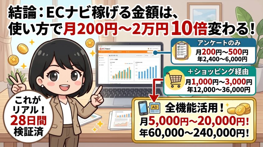 ECナビでいくら稼げるかは「使い方で月200円〜2万円」10倍変わる