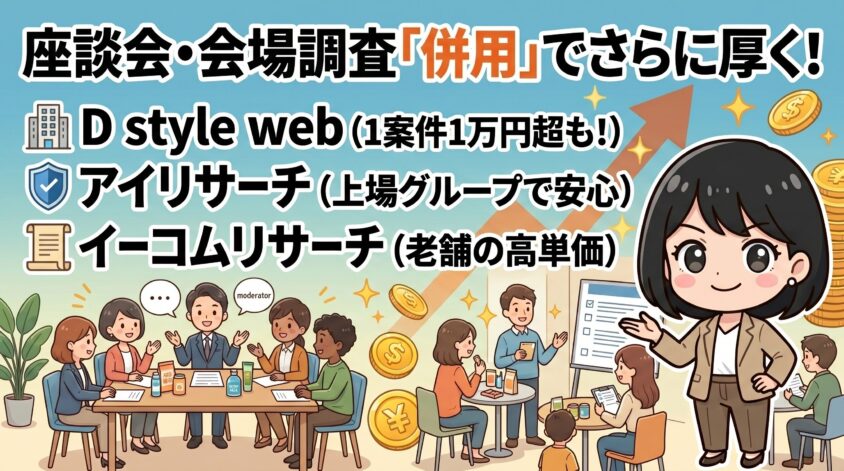 座談会・会場調査に強い他サイトも併用するとさらに厚い