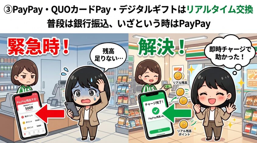 PayPay・QUOカードPay・デジタルギフトはリアルタイム交換