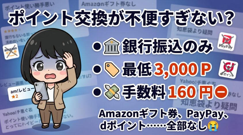 ポイント交換は銀行振込のみ・最低3,000円・手数料160円