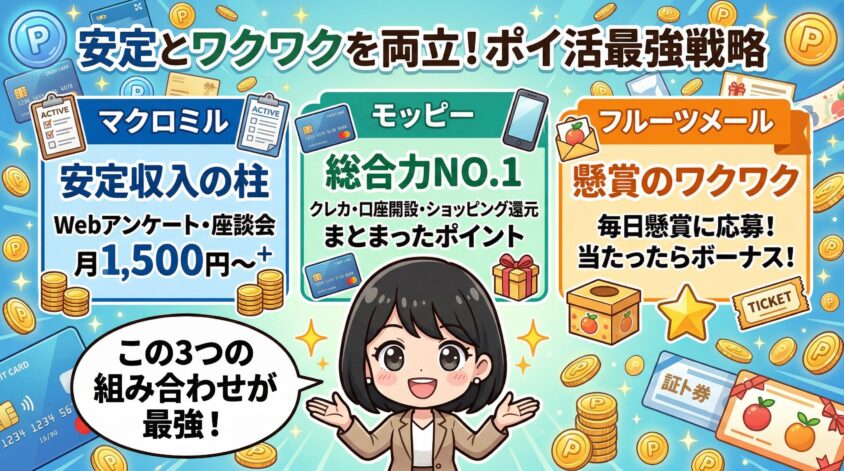 安定収入はマクロミルやモッピーで、ワクワク感はフルーツメールで