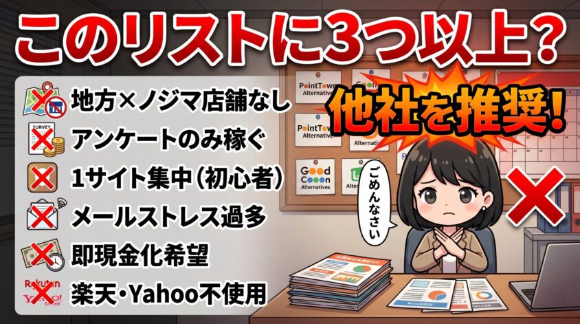 合わない人：このリストに3つ以上なら他社推奨