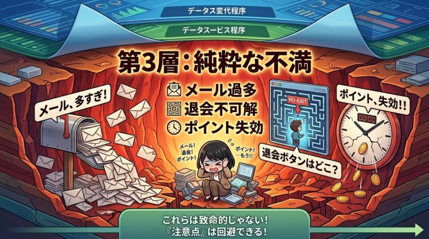 本体への純粋な不満（メール量・退会導線・ポイント期限）