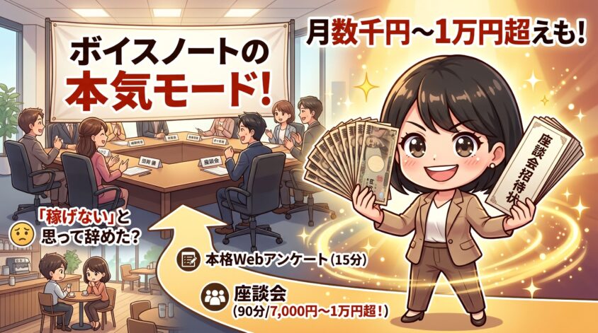 ボイスノートの本気モード：本格アンケート＆座談会で月数千円〜1万円超
